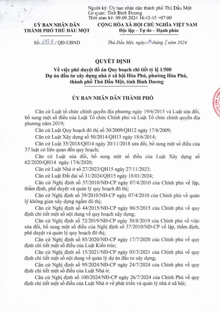 Quyết định phê duyệt quy hoạch chi tiết 1/500 dự án nhà ở xã hội Hòa Phú K HOME NEW CITY - Công ty Nam Kim (Kim Oanh Group) khomenewcity.com.vn