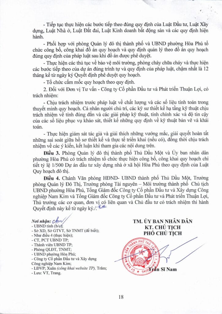 Quyết định phê duyệt quy hoạch chi tiết 1/500 dự án nhà ở xã hội Hòa Phú K HOME NEW CITY - Công ty Nam Kim (Kim Oanh Group) khomenewcity.com.vn