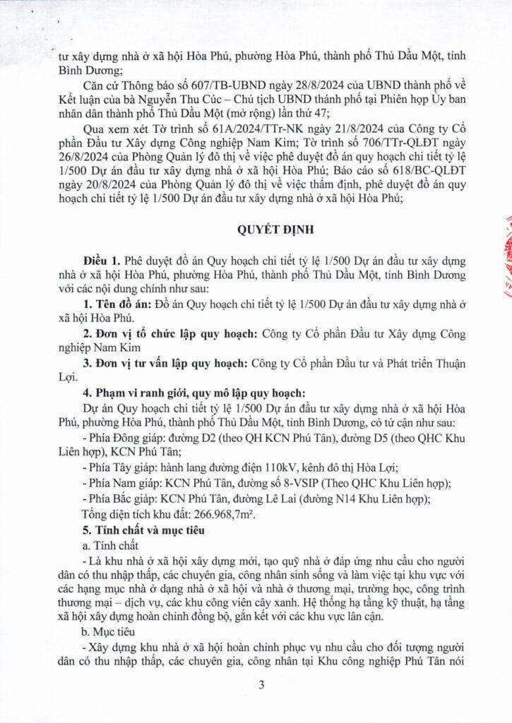 Quyết định phê duyệt quy hoạch chi tiết 1/500 dự án nhà ở xã hội Hòa Phú K HOME NEW CITY - Công ty Nam Kim (Kim Oanh Group) khomenewcity.com.vn