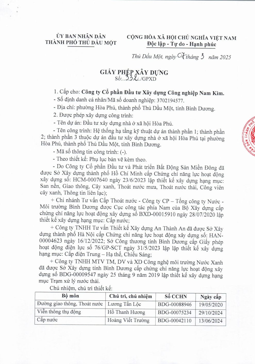 giấy phép xây dựng k home new city - pháp lý dự án NOXH Hòa Phú chủ đầu tư Nam Kim (Kim Oanh Group)