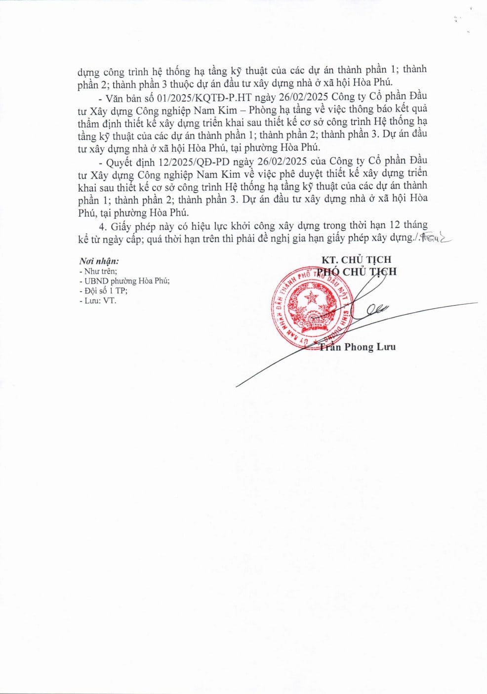 giấy phép xây dựng k home new city - pháp lý dự án NOXH Hòa Phú chủ đầu tư Nam Kim (Kim Oanh Group)