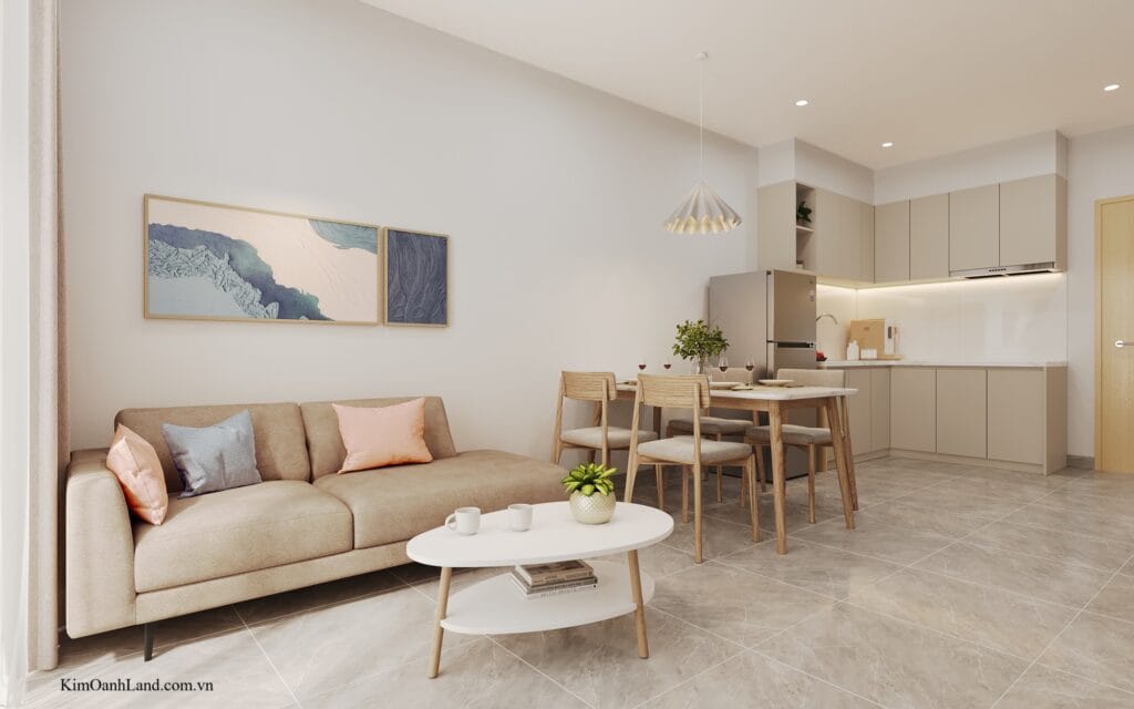 Không gian phòng khách kết hợp bàn ăn và bếp mở.