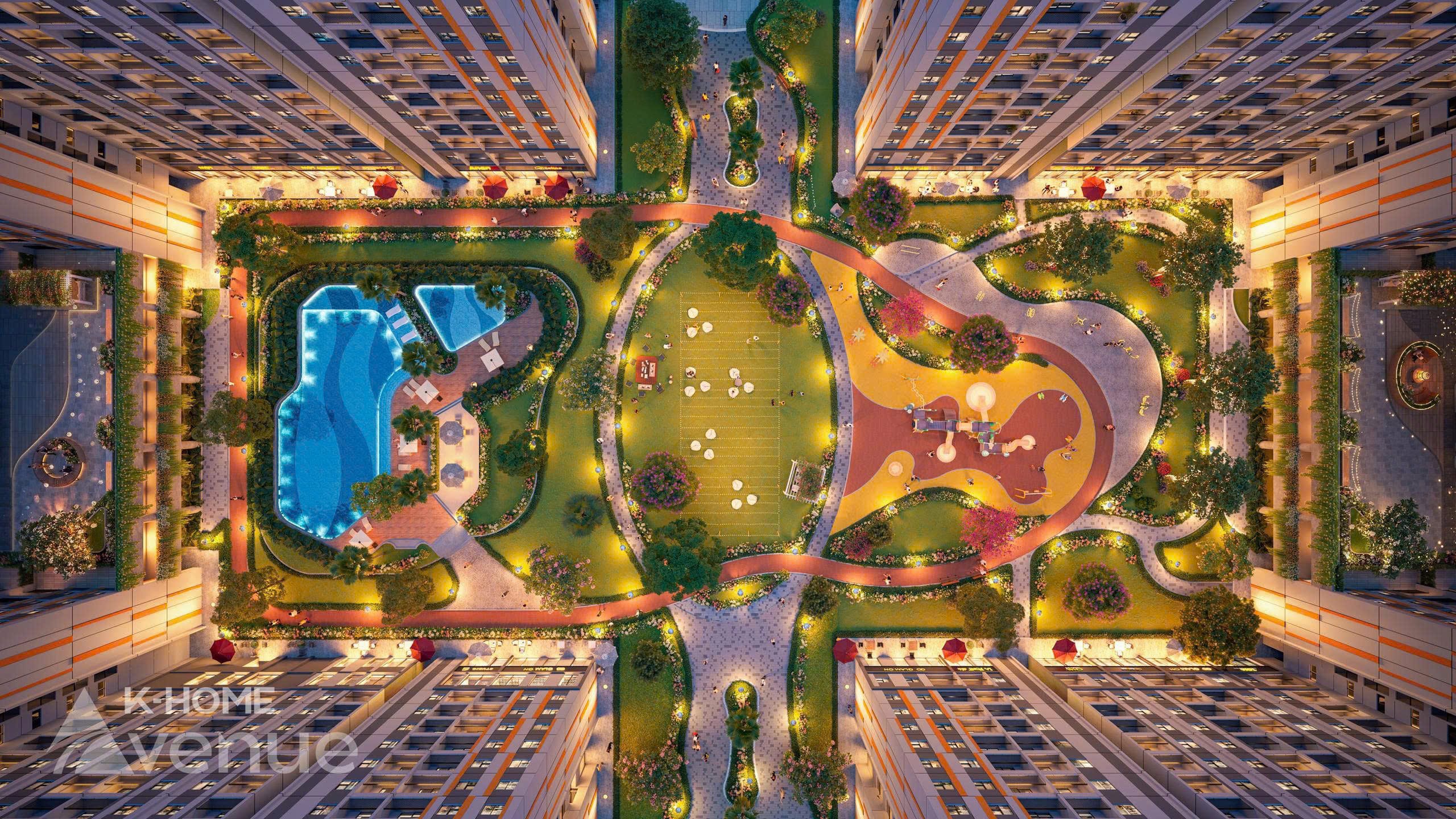 Không gian tiện ích xanh mát nội khu K-Home Avenue nhìn từ trên cao.