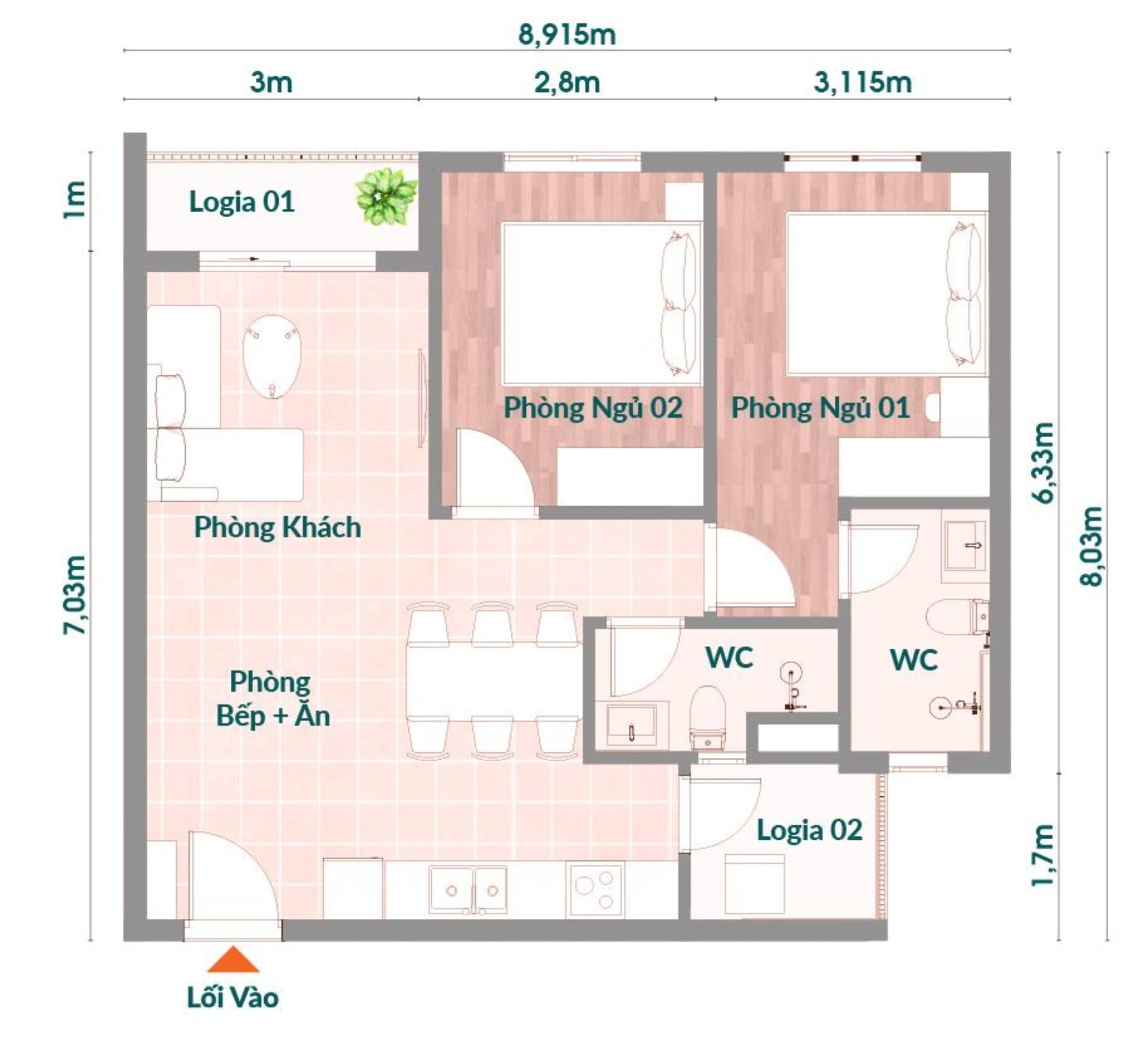 K-Home Avenue Nhơn Trạch 2 phòng ngủ B 69-70m2