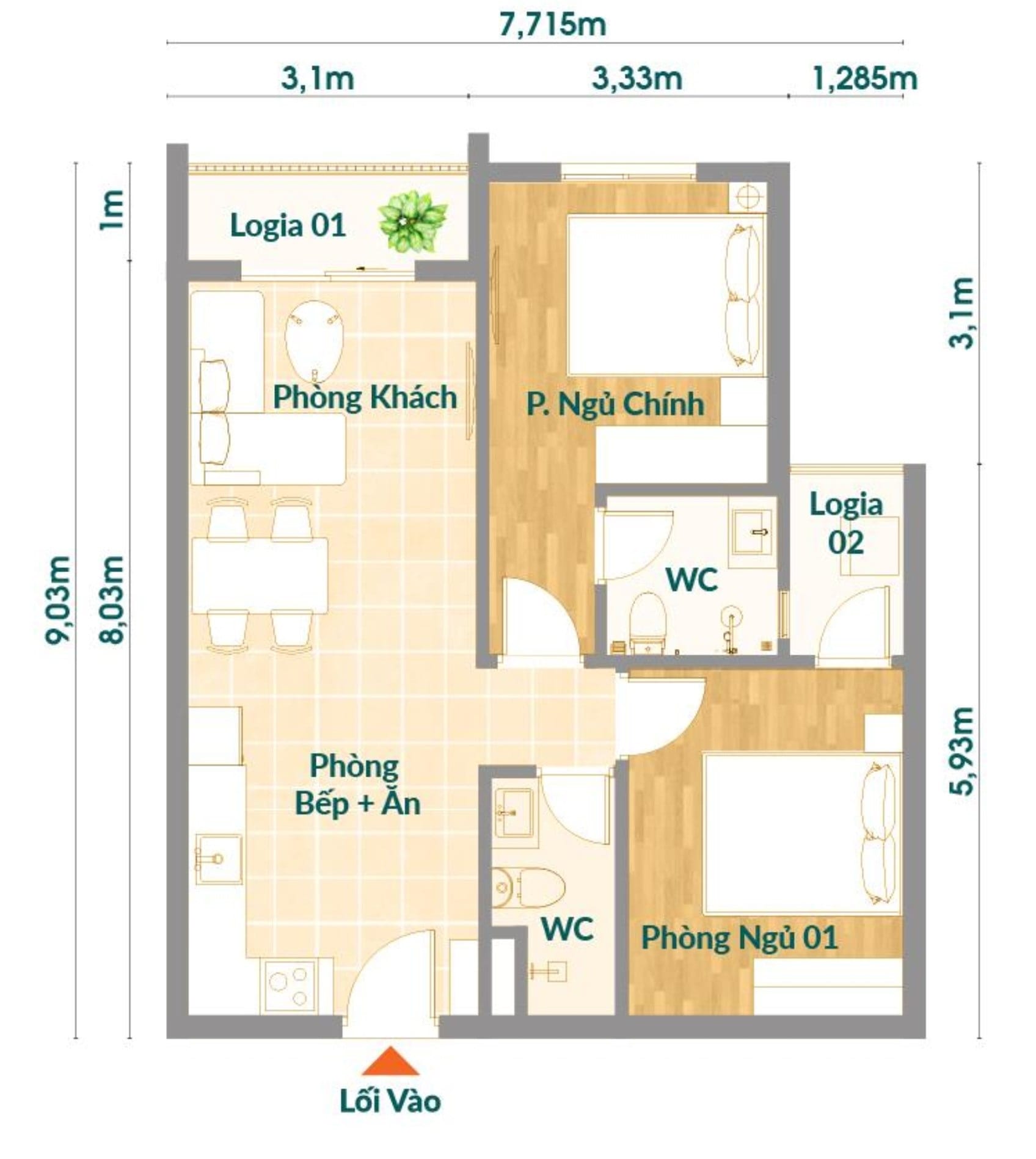 K-Home Avenue Nhơn Trạch 2 phòng ngủ 2PN A 66m2
